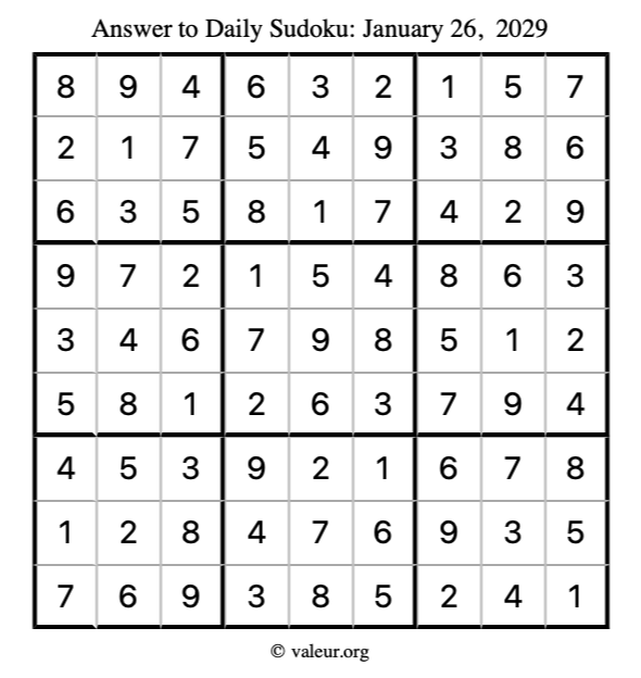 Answer to sudoku January 26, 2029