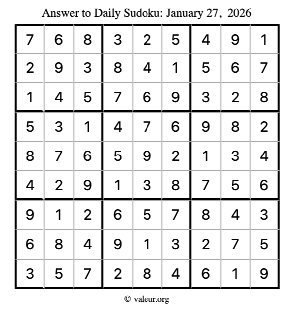 Answer to sudoku January 27, 2026