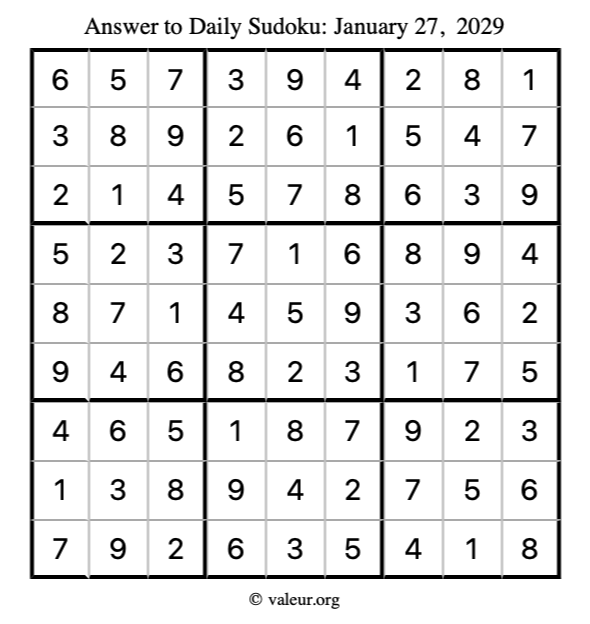 Answer to sudoku January 27, 2029