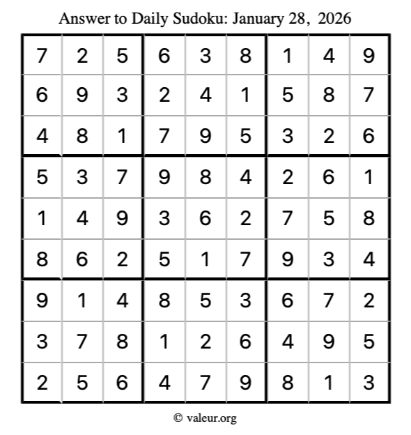 Answer to sudoku January 28, 2026