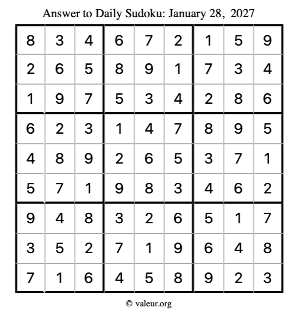 Answer to sudoku January 28, 2027