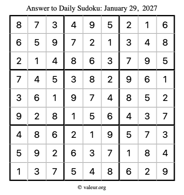 Answer to sudoku January 29, 2027