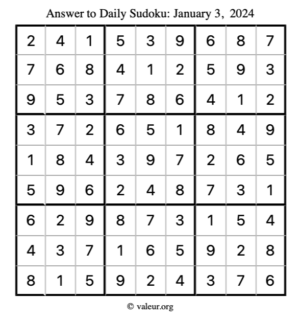 Answer to sudoku January 3, 2024