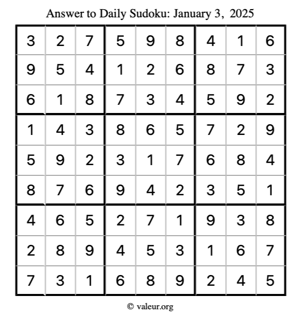 Answer to sudoku January 3, 2025