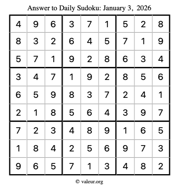 Answer to sudoku January 3, 2026