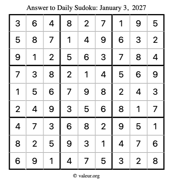 Answer to sudoku January 3, 2027