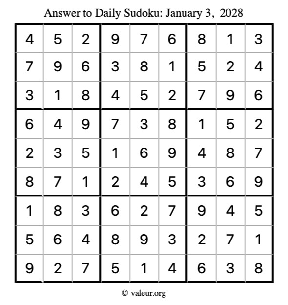 Answer to sudoku January 3, 2028
