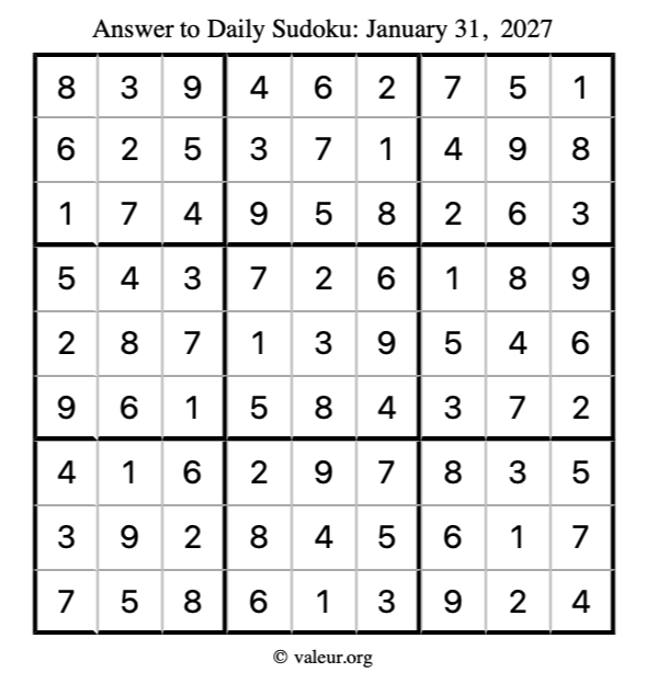 Answer to sudoku January 31, 2027