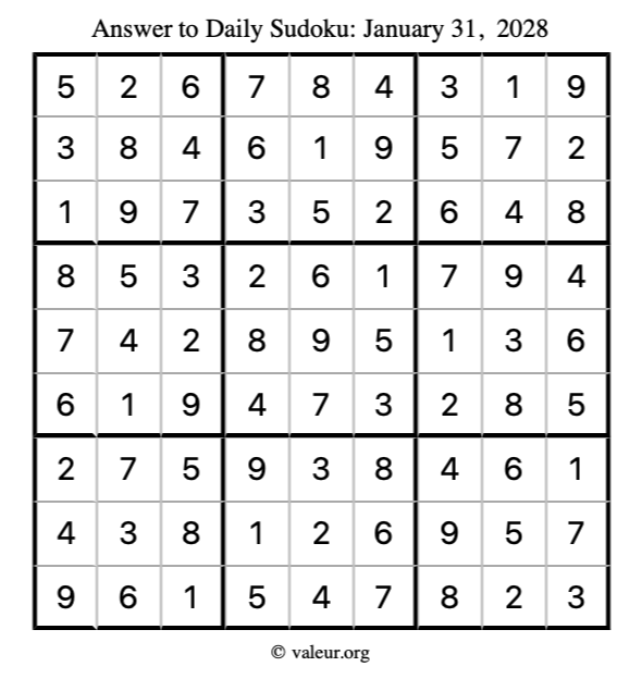 Answer to sudoku January 31, 2028