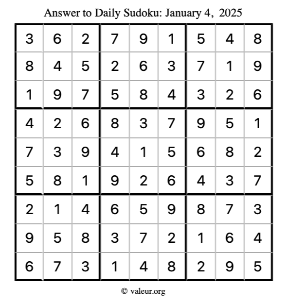 Answer to sudoku January 4, 2025