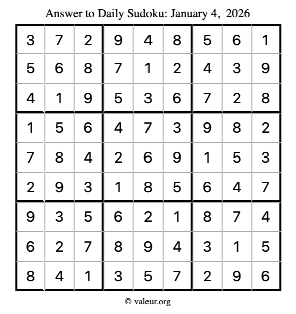 Answer to sudoku January 4, 2026