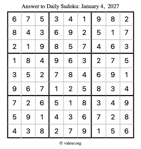 Answer to sudoku January 4, 2027