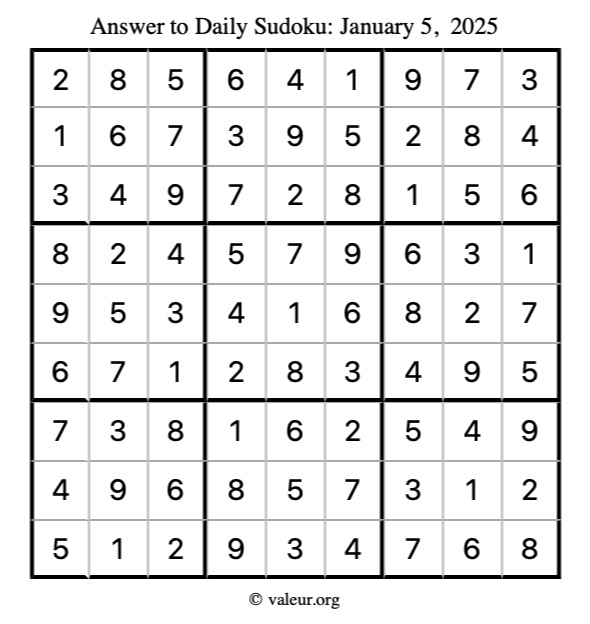 Answer to sudoku January 5, 2025