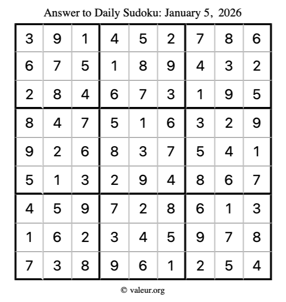 Answer to sudoku January 5, 2026