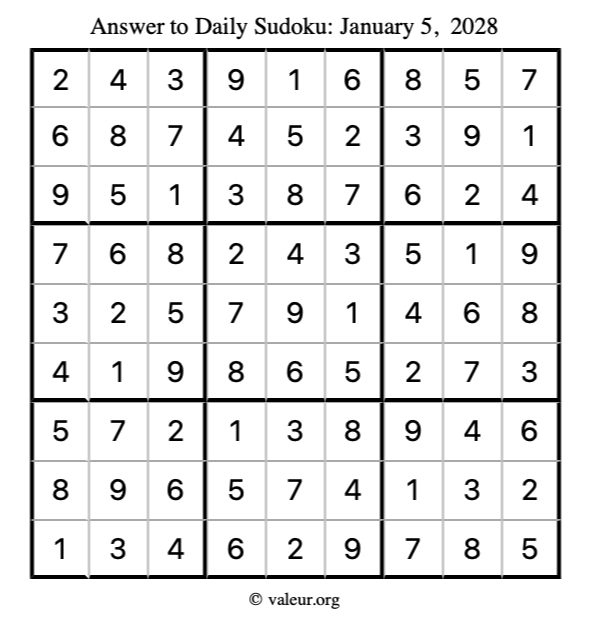 Answer to sudoku January 5, 2028