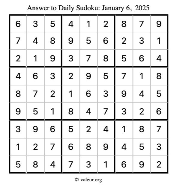 Answer to sudoku January 6, 2025