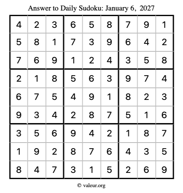 Answer to sudoku January 6, 2027