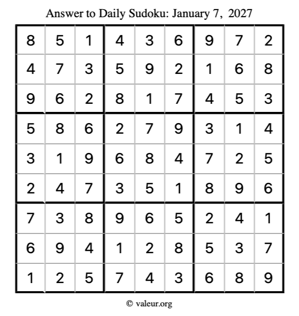 Answer to sudoku January 7, 2027