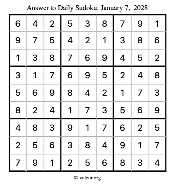 Answer to sudoku January 7, 2028