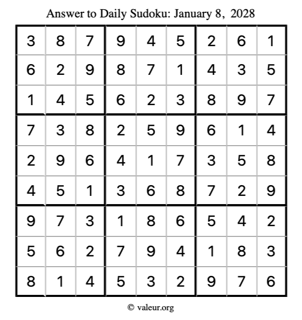 Answer to sudoku January 8, 2028