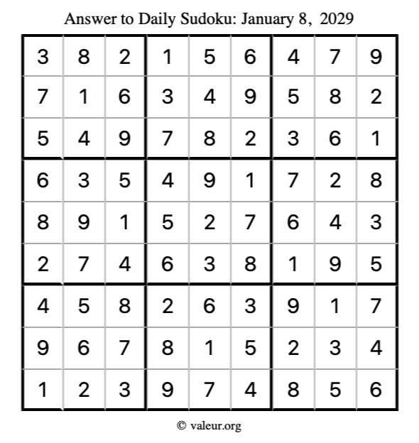 Answer to sudoku January 8, 2029
