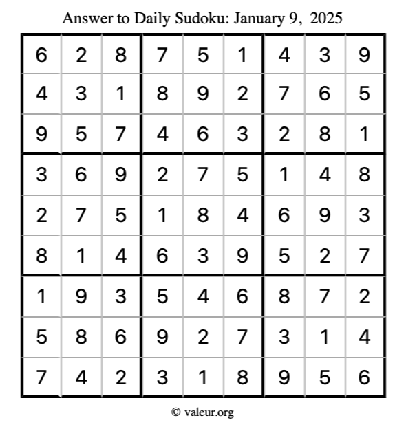 Answer to sudoku January 9, 2025