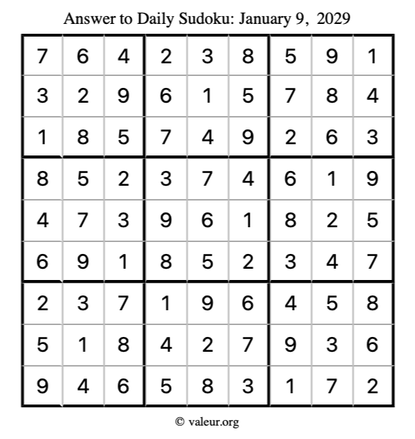 Answer to sudoku January 9, 2029