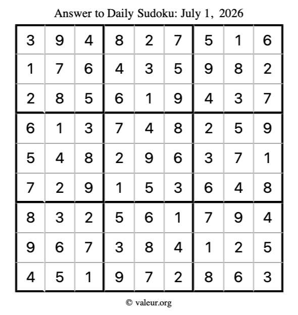 Answer to sudoku July 1, 2026