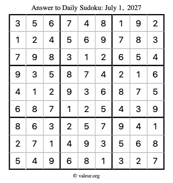 Answer to sudoku July 1, 2027