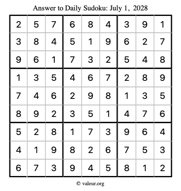 Answer to sudoku July 1, 2028