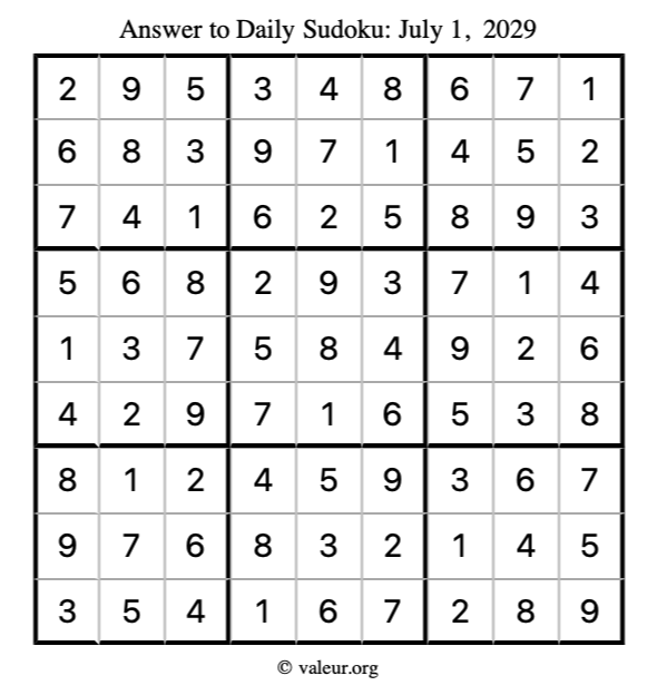 Answer to sudoku July 1, 2029