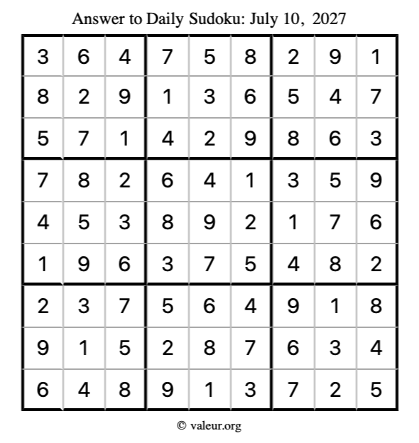 Answer to sudoku July 10, 2027