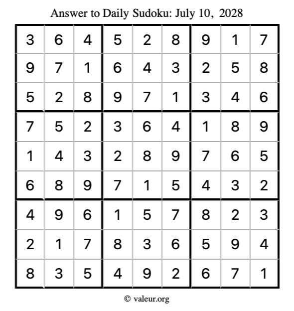 Answer to sudoku July 10, 2028