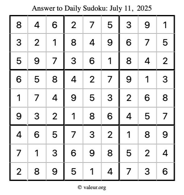 Answer to sudoku July 11, 2025