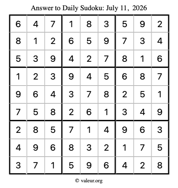 Answer to sudoku July 11, 2026