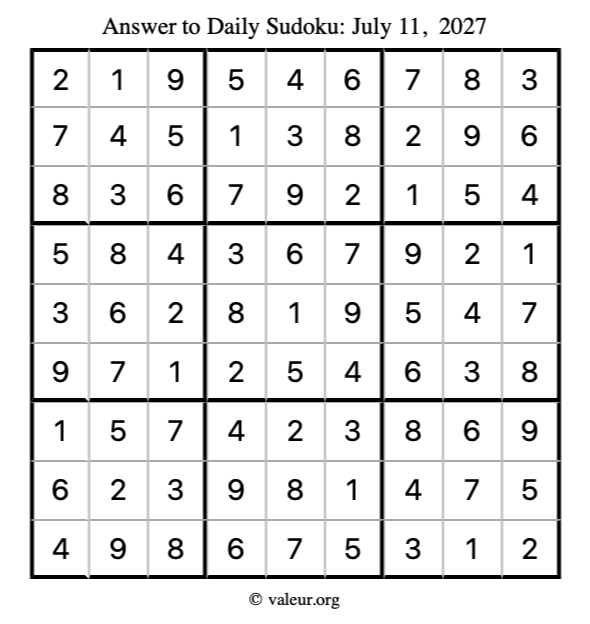 Answer to sudoku July 11, 2027