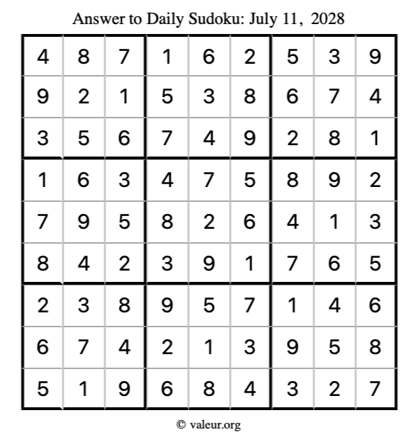 Answer to sudoku July 11, 2028