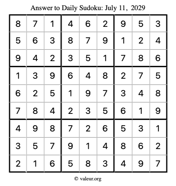 Answer to sudoku July 11, 2029