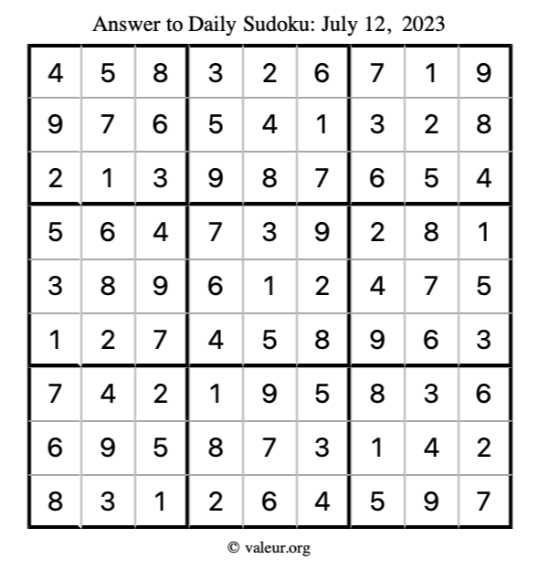 Answer to sudoku July 12, 2023