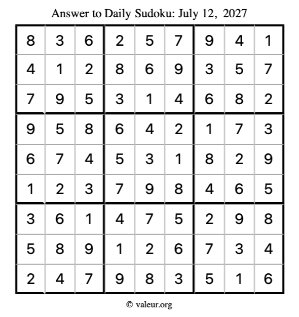 Answer to sudoku July 12, 2027