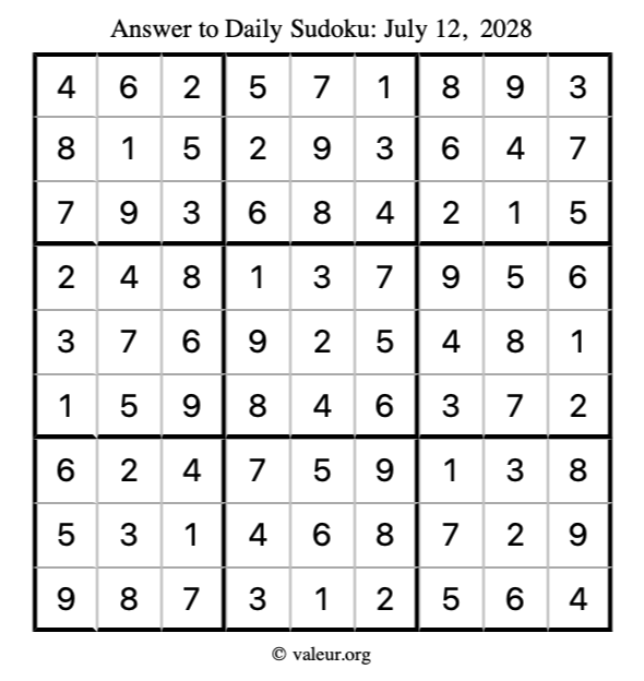 Answer to sudoku July 12, 2028