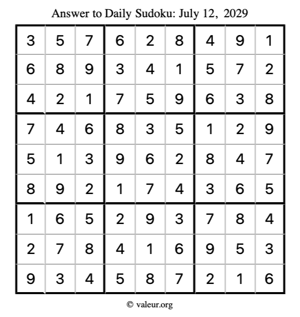 Answer to sudoku July 12, 2029