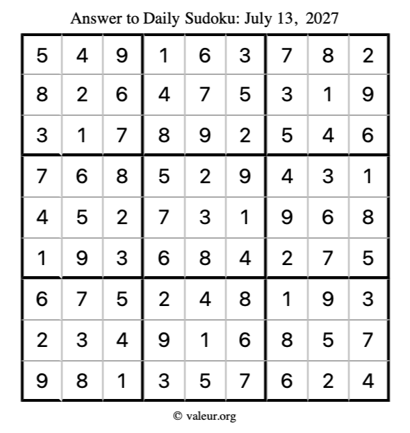 Answer to sudoku July 13, 2027