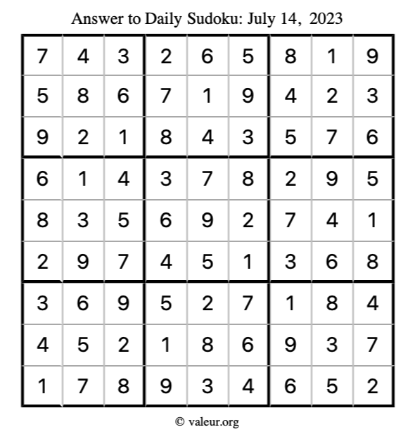 Answer to sudoku July 14, 2023