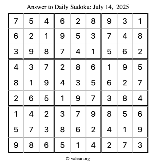Answer to sudoku July 14, 2025