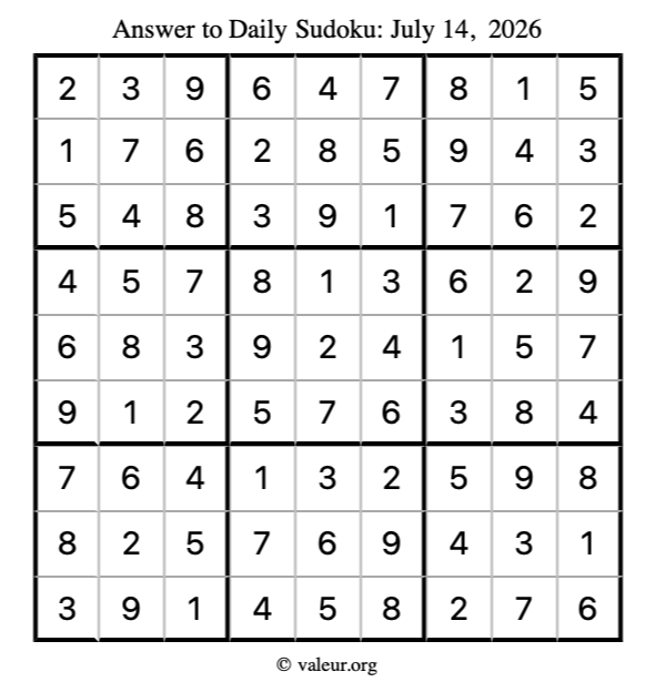 Answer to sudoku July 14, 2026