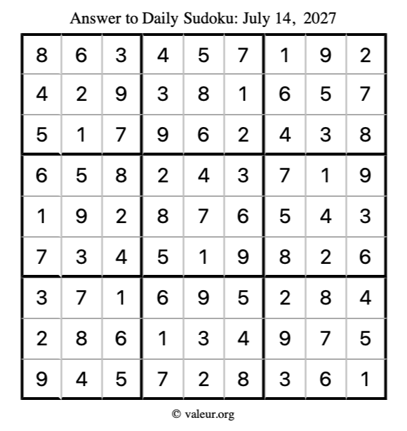 Answer to sudoku July 14, 2027
