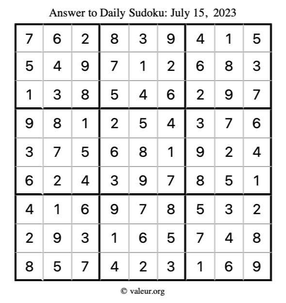 Answer to sudoku July 15, 2023
