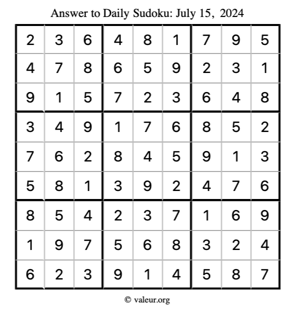 Answer to sudoku July 15, 2024