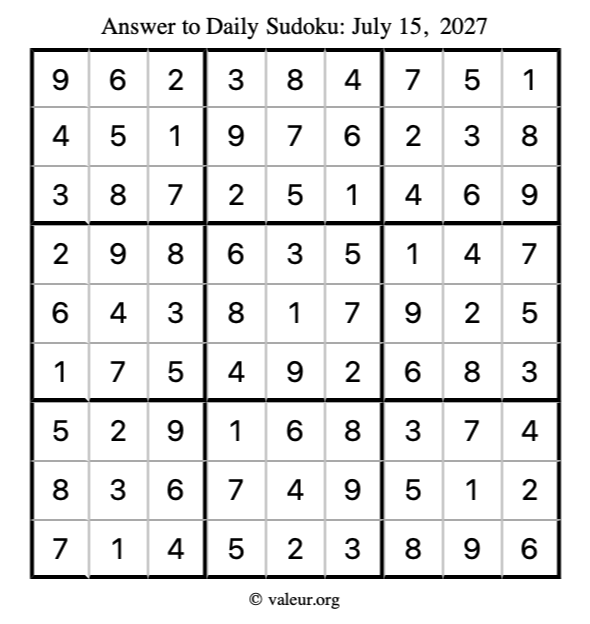 Answer to sudoku July 15, 2027
